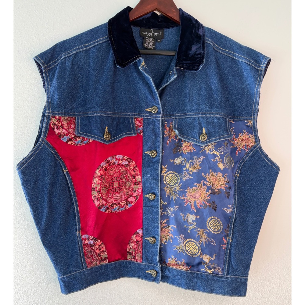 Vintage 90s Carole Little Sport Denim Vest Silk Patchwork Blue Red Asian Boho